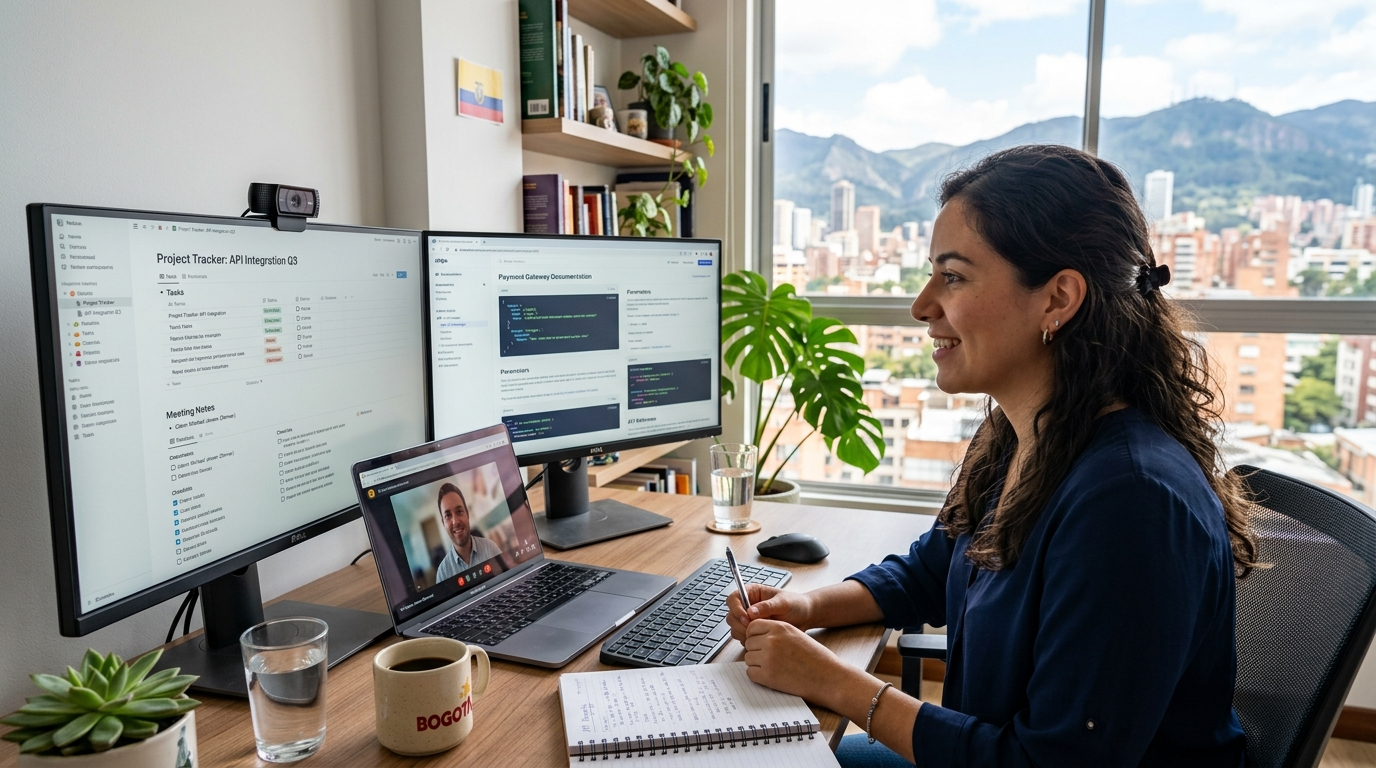 Nearshore technical virtual assistant on a live video call collaborating with a US client on Notion workspace architecture