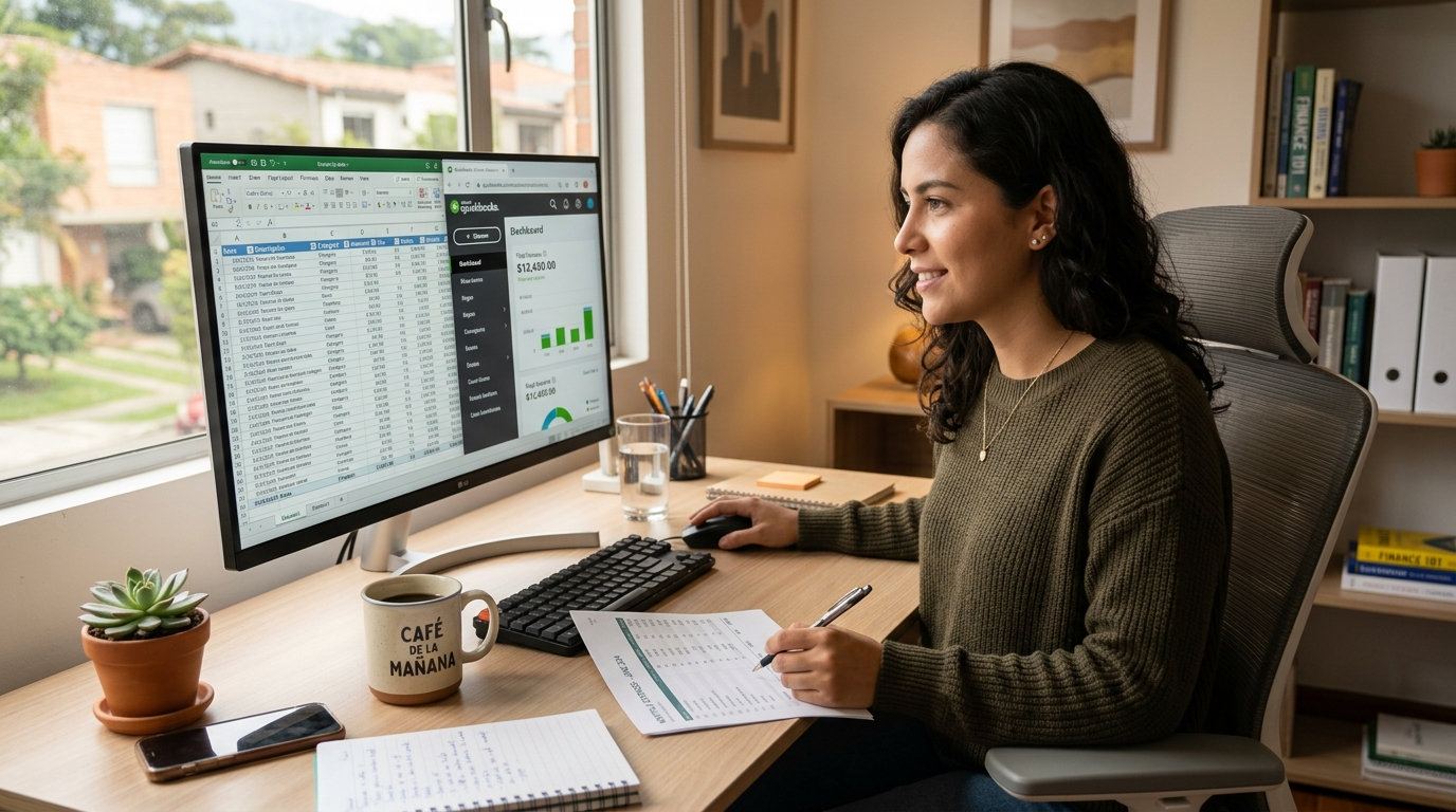 Nearshore virtual bookkeeper in Latin America reviewing QuickBooks dashboard at a home office desk in 2026