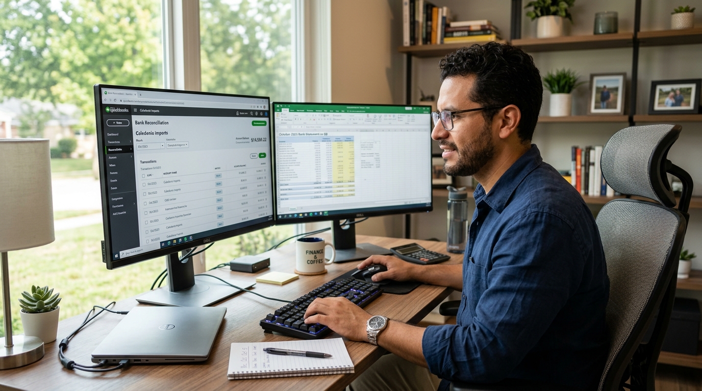 Nearshore virtual bookkeeper reconciling accounts in QuickBooks on a dual-monitor home office setup