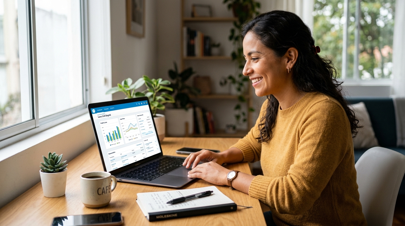 Virtual bookkeeper reviewing Xero accounting dashboard with reconciliation reports on a laptop in a home office