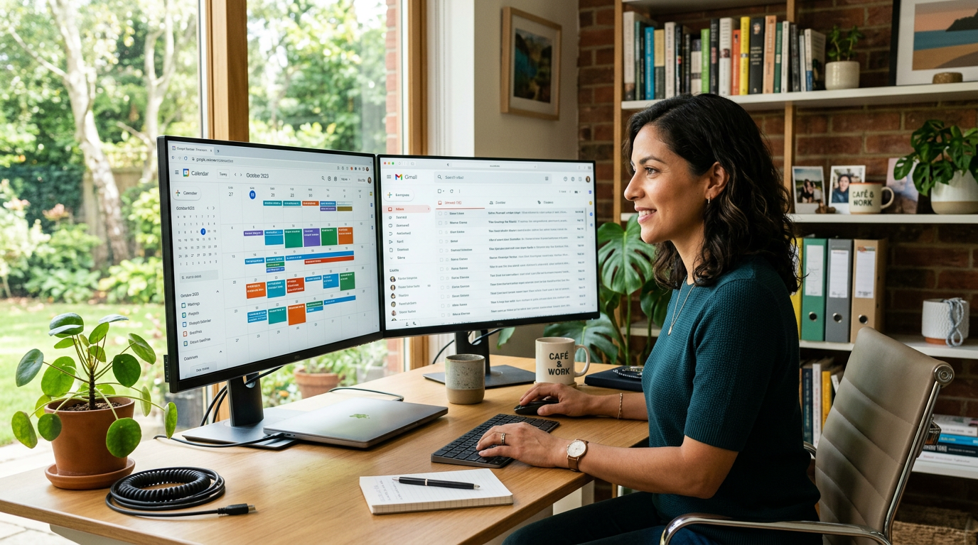 Latin American virtual executive assistant managing executive calendar and communications on dual monitors in a bright home office