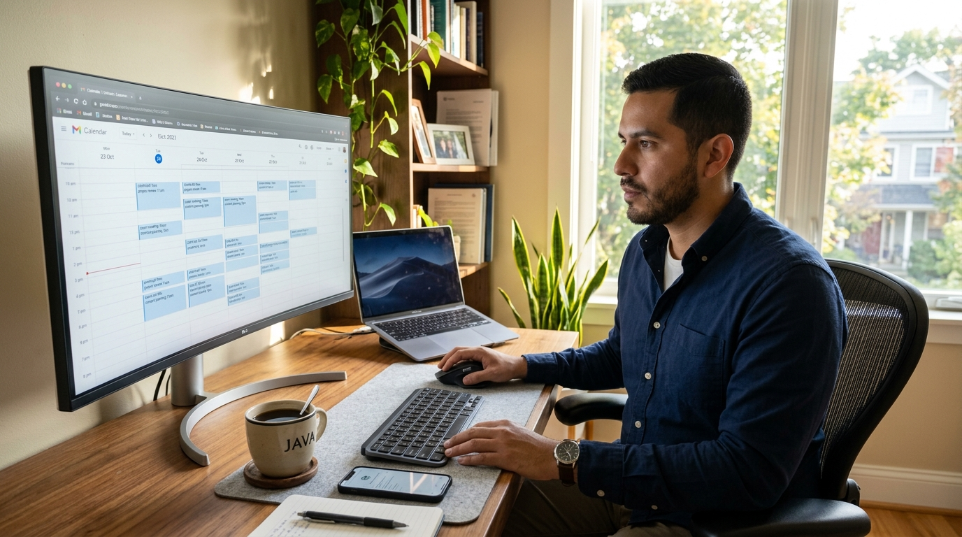 Virtual executive assistant reviewing executive calendar on widescreen monitor in a Latin American home office