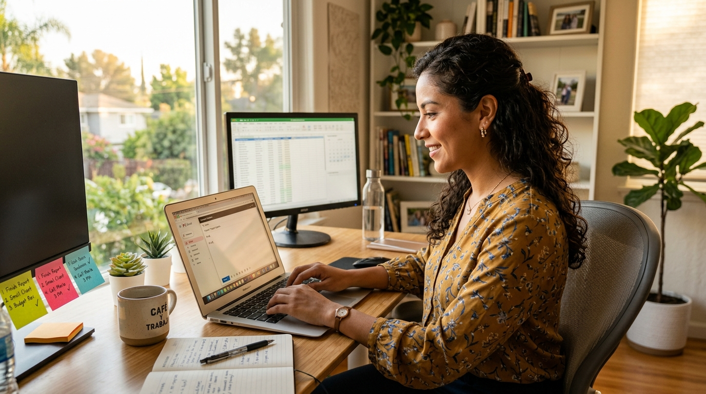 Nearshore virtual executive assistant drafting executive communications and managing task list in a Latin American home office