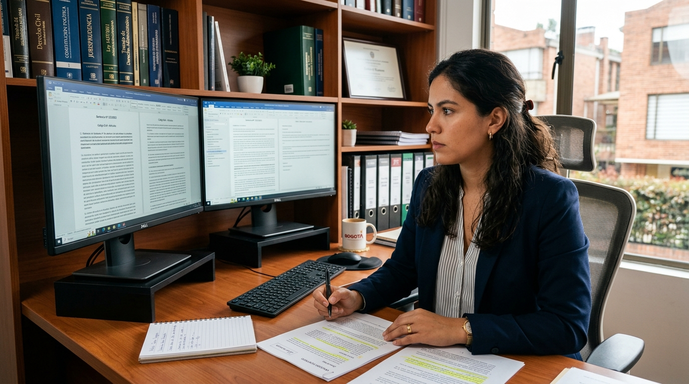 Nearshore virtual paralegal reviewing legal case files on dual monitors in a Latin American home office