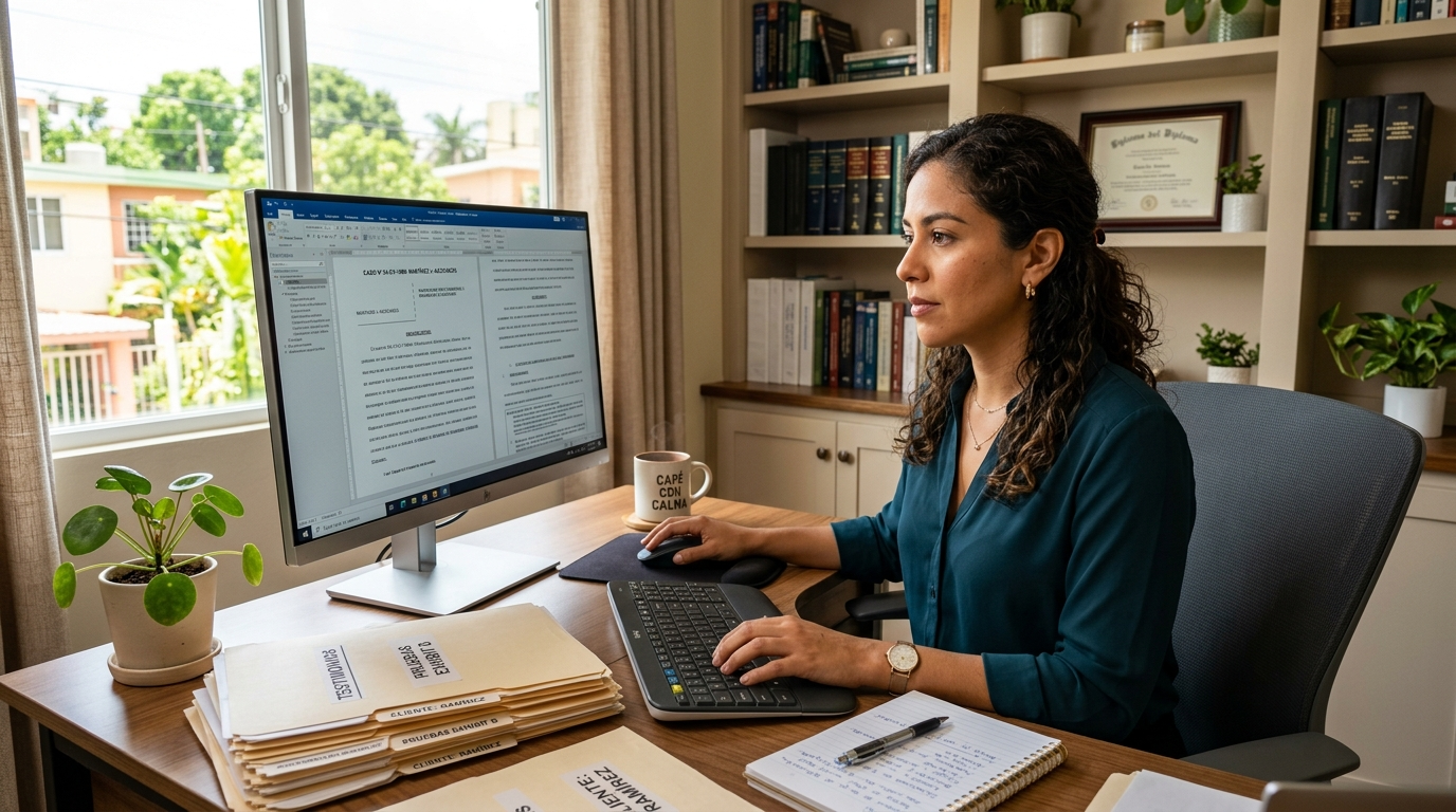Virtual paralegal drafting legal documents on a desktop computer in a well-lit Latin American home office