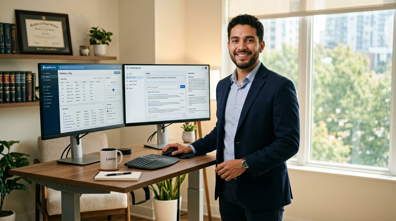 Nearshore virtual paralegal using AI-assisted legal software on dual monitors during US business hours