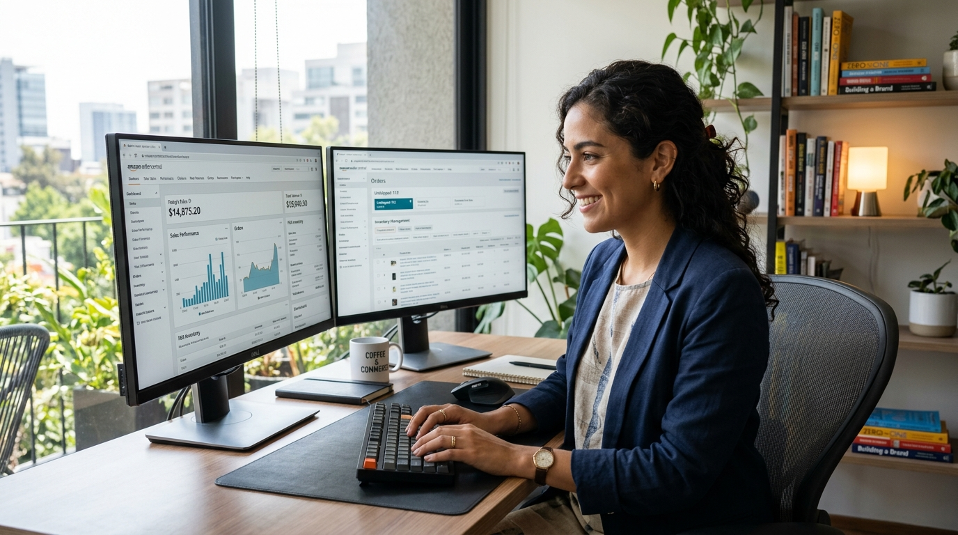 Nearshore Amazon FBA virtual assistant reviewing Seller Central inventory dashboard on dual monitors in a Latin American home office