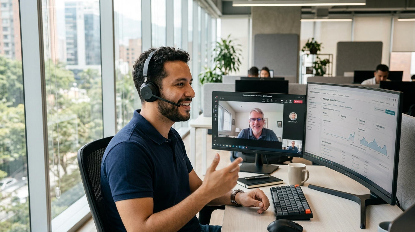 Nearshore Amazon FBA virtual assistant on video call with US seller while managing Seller Central account in real time