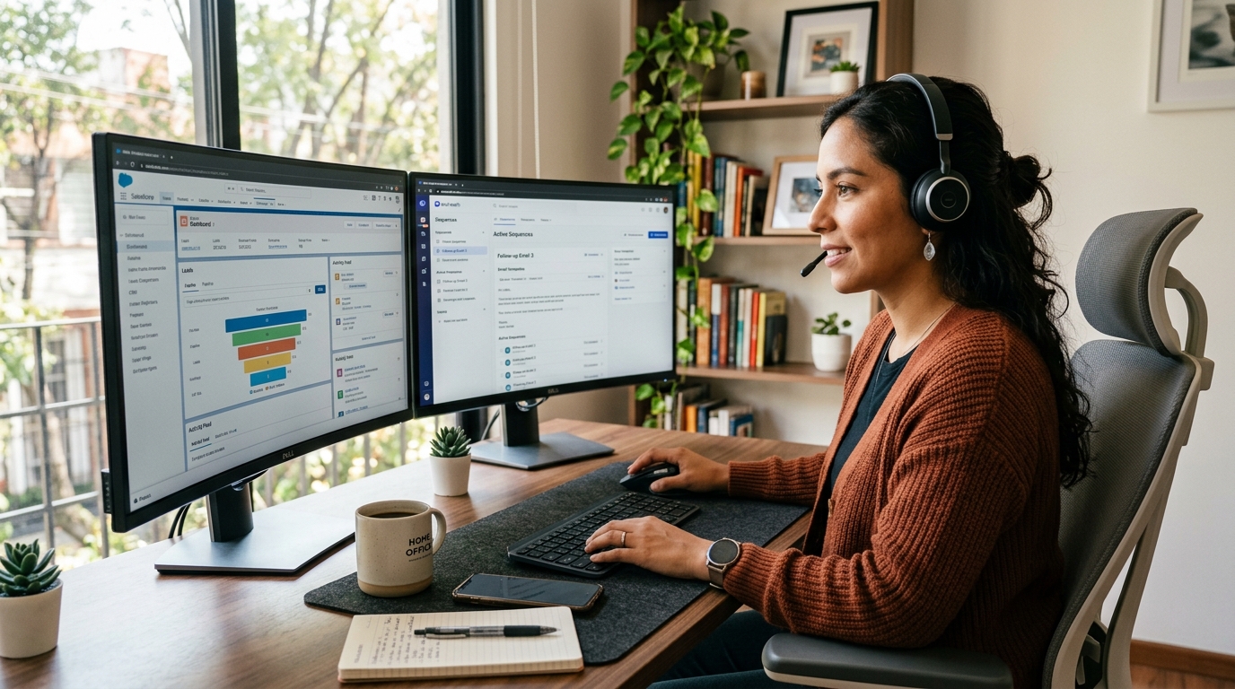 Nearshore outsourced SDR at a Latin American home office reviewing CRM pipeline on dual monitors during US business hours
