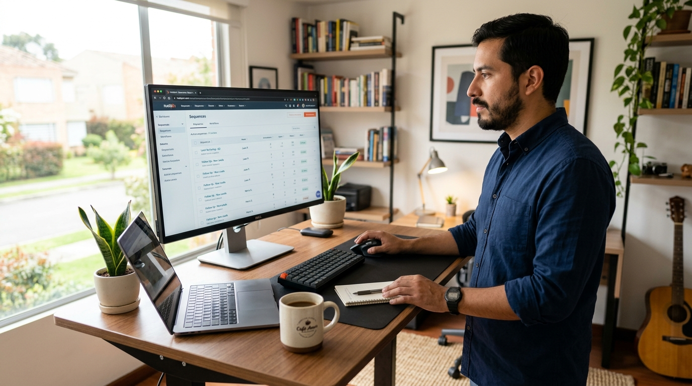 Nearshore outsourced SDR reviewing HubSpot email sequences at a Latin American home office during US business hours