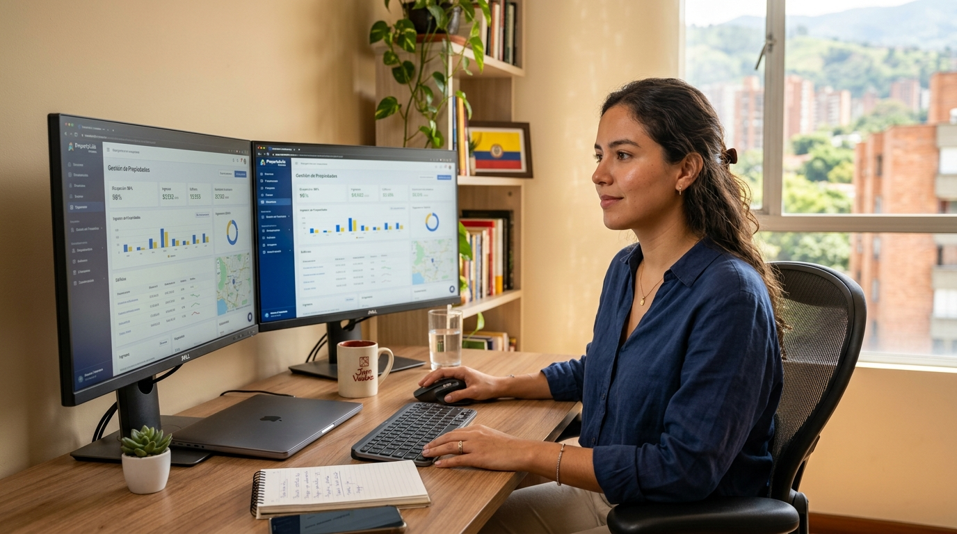 Latin American virtual assistant working at a home office desk showing a property management dashboard on dual monitors, 2026