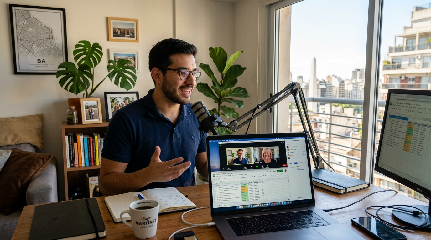 Latin American virtual assistant on a video call with a US business client, reviewing a financial spreadsheet, 2026
