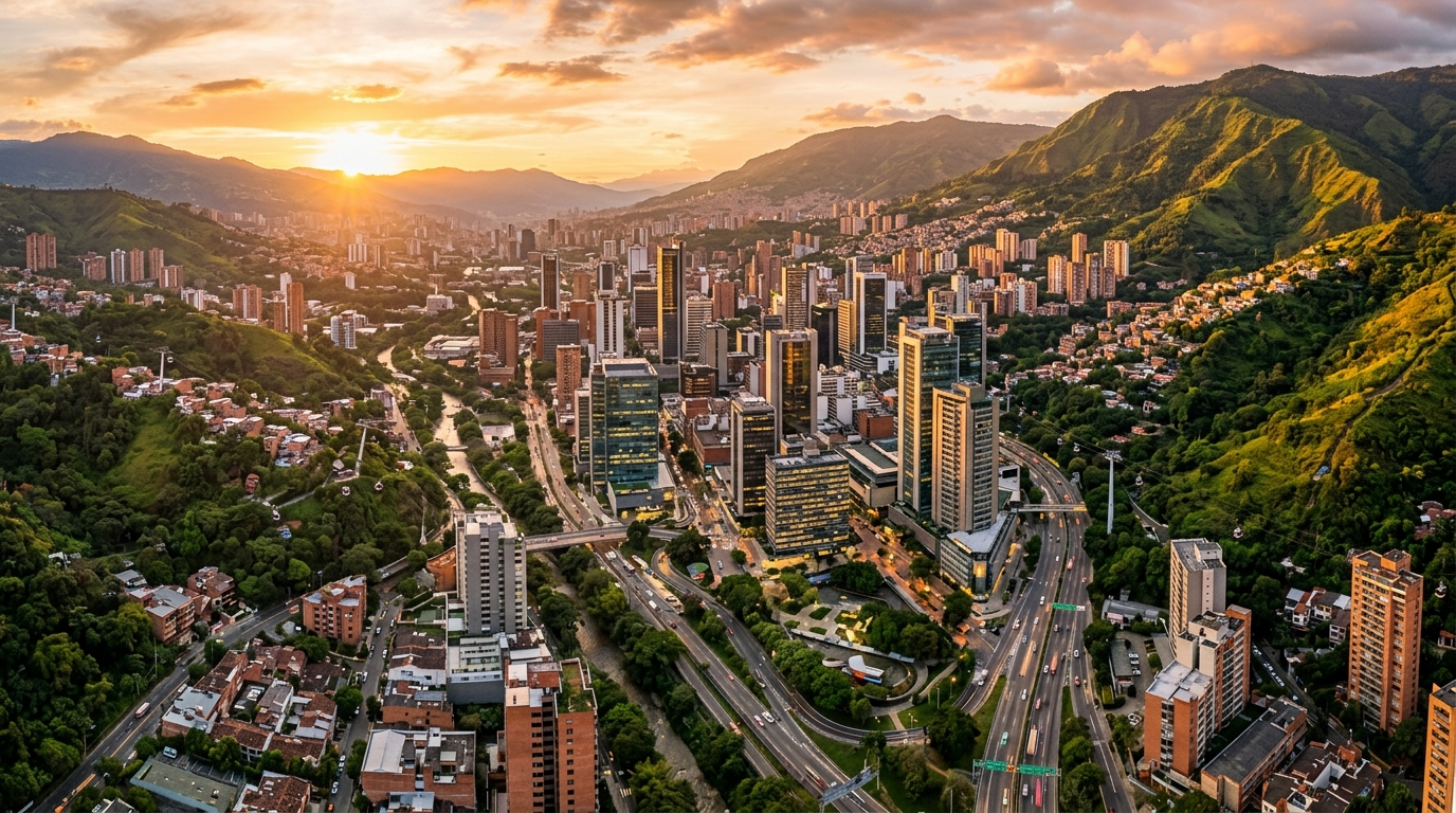 Medellín Colombia skyline at golden hour representing Latin America's growing nearshore virtual assistant talent hub in 2026