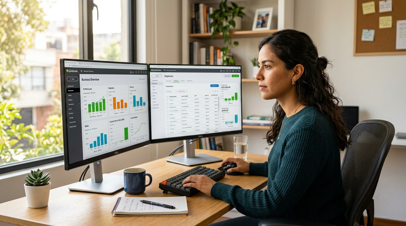 Nearshore virtual bookkeeper reviewing QuickBooks financial dashboard on dual monitors in a modern Latin American home office