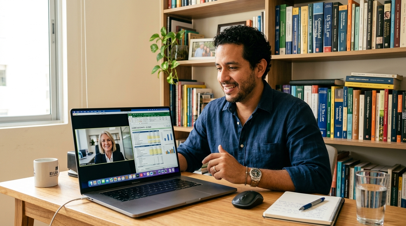 Nearshore virtual bookkeeper on video call with US client reviewing monthly financial reconciliation report