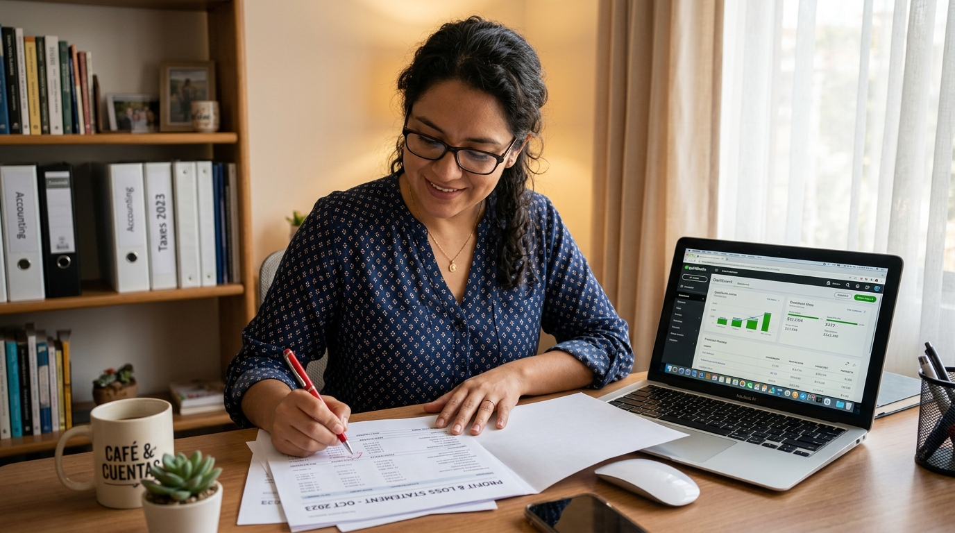 Nearshore virtual bookkeeper reviewing a printed profit and loss report alongside QuickBooks dashboard for CPA handoff