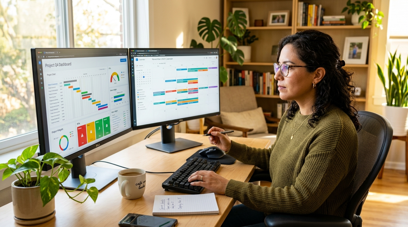 Nearshore virtual executive assistant reviewing project dashboard and calendar on dual monitors in a modern Latin American home office