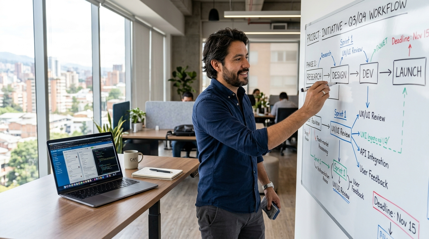 Nearshore virtual chief of staff mapping a cross-functional project workflow on a whiteboard in a modern office
