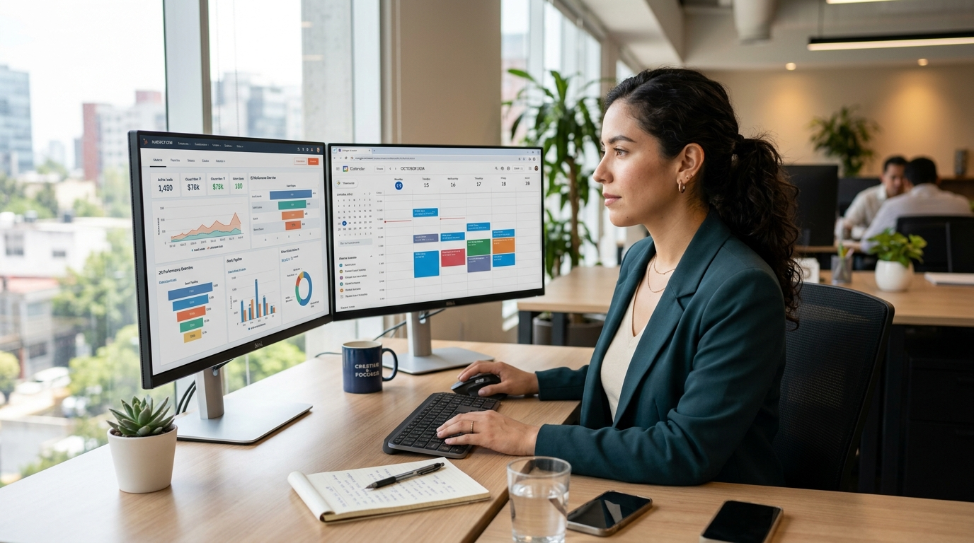 Nearshore virtual EA managing CRM and calendar simultaneously on dual monitors, demonstrating multi-tool proficiency