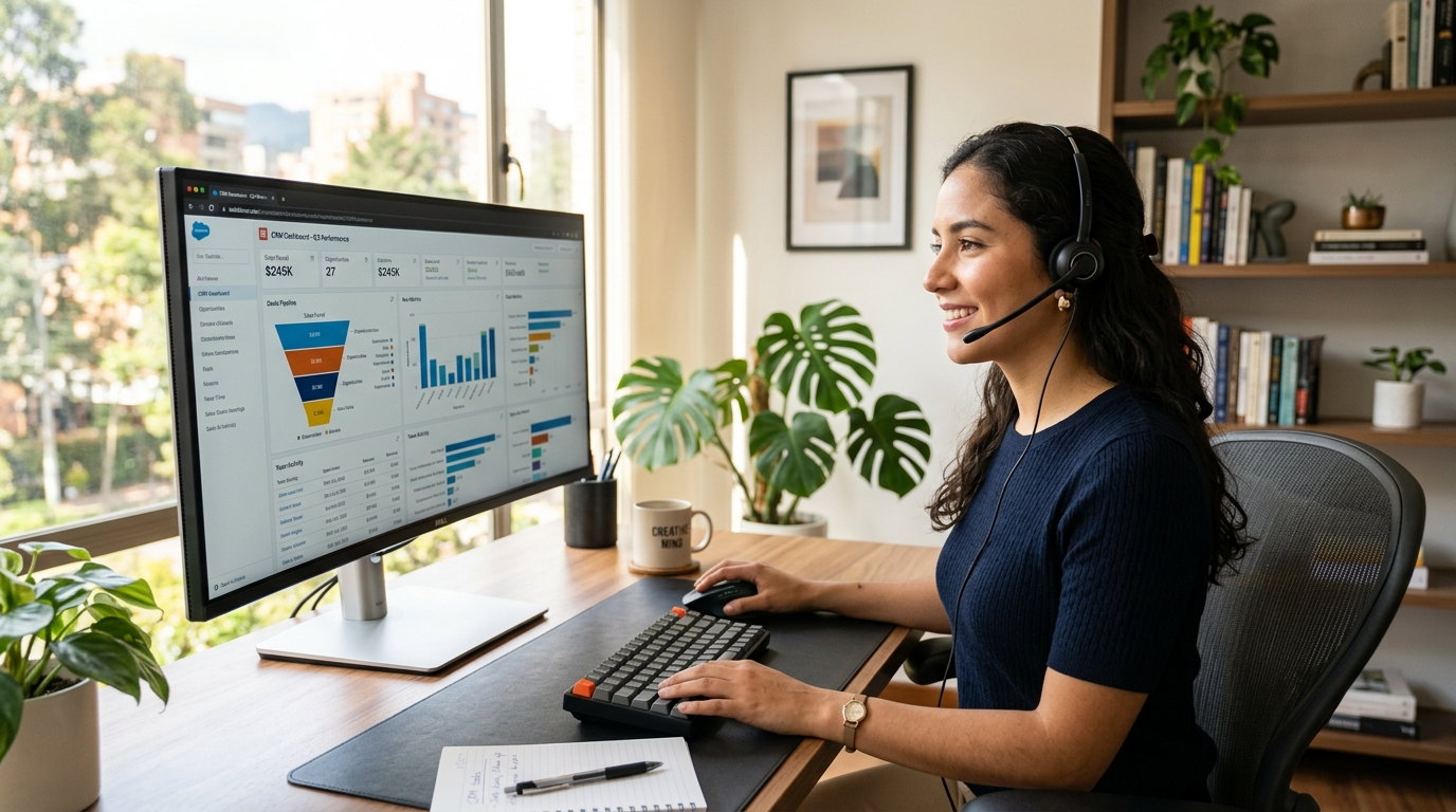 Latin American nearshore SDR reviewing CRM pipeline at a modern desk — outsourced vs in-house SDR comparison 2026