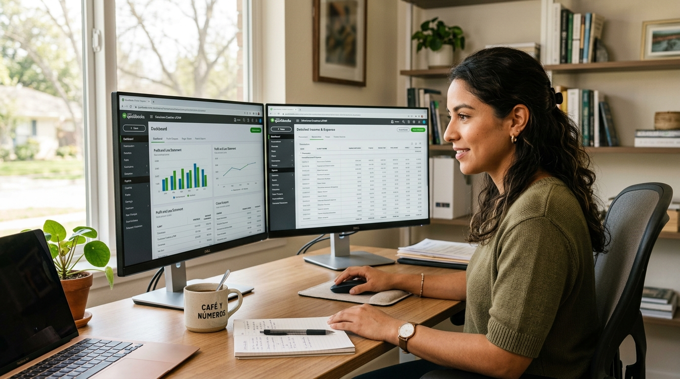 Nearshore virtual bookkeeper reviewing QuickBooks financial data on dual monitors, showing ROI of outsourcing bookkeeping in 2026