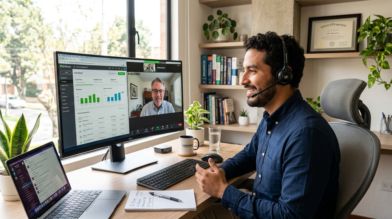 Nearshore virtual bookkeeper on video call with US business owner reviewing QuickBooks dashboard for bookkeeping ROI analysis