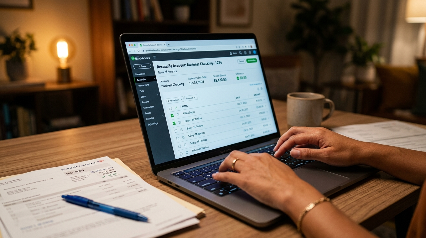 Nearshore bookkeeper reconciling accounts in QuickBooks, demonstrating AI-assisted bookkeeping ROI for small businesses in 2026