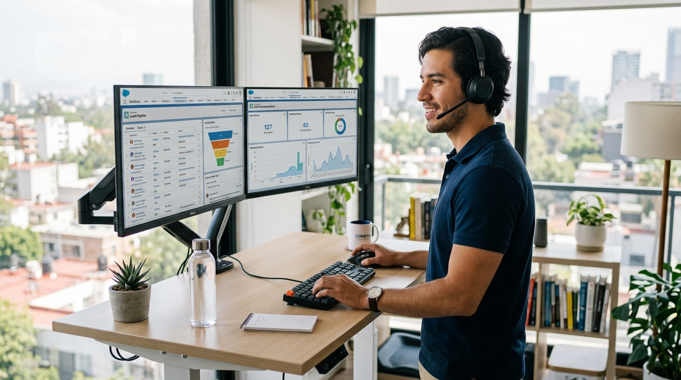 Nearshore outsourced SDR reviewing conversion rate data on a CRM dashboard in a modern Latin American home office