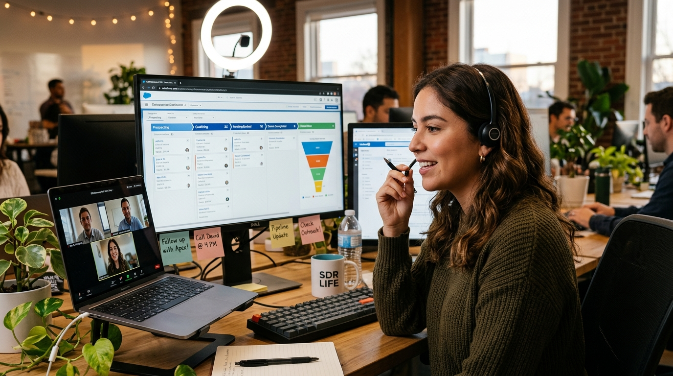 Nearshore outsourced SDR on a discovery call reviewing pipeline conversion data on a CRM screen