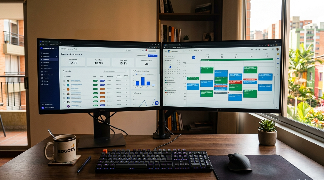 Outsourced SDR monitoring email sequence conversion rates and booked meetings on dual monitors