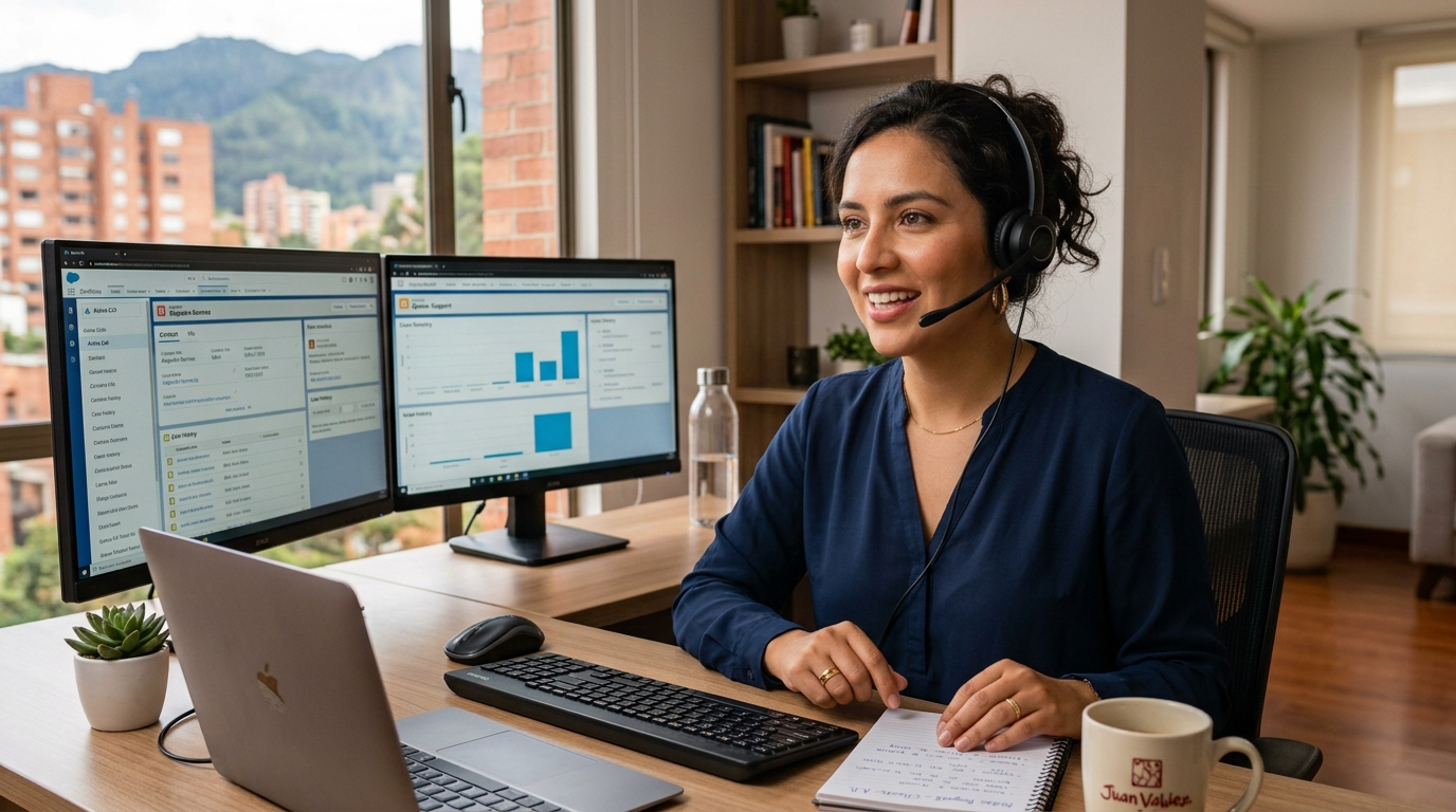 Bilingual nearshore virtual assistant handling customer support calls from a Latin America home office with CRM dashboard visible