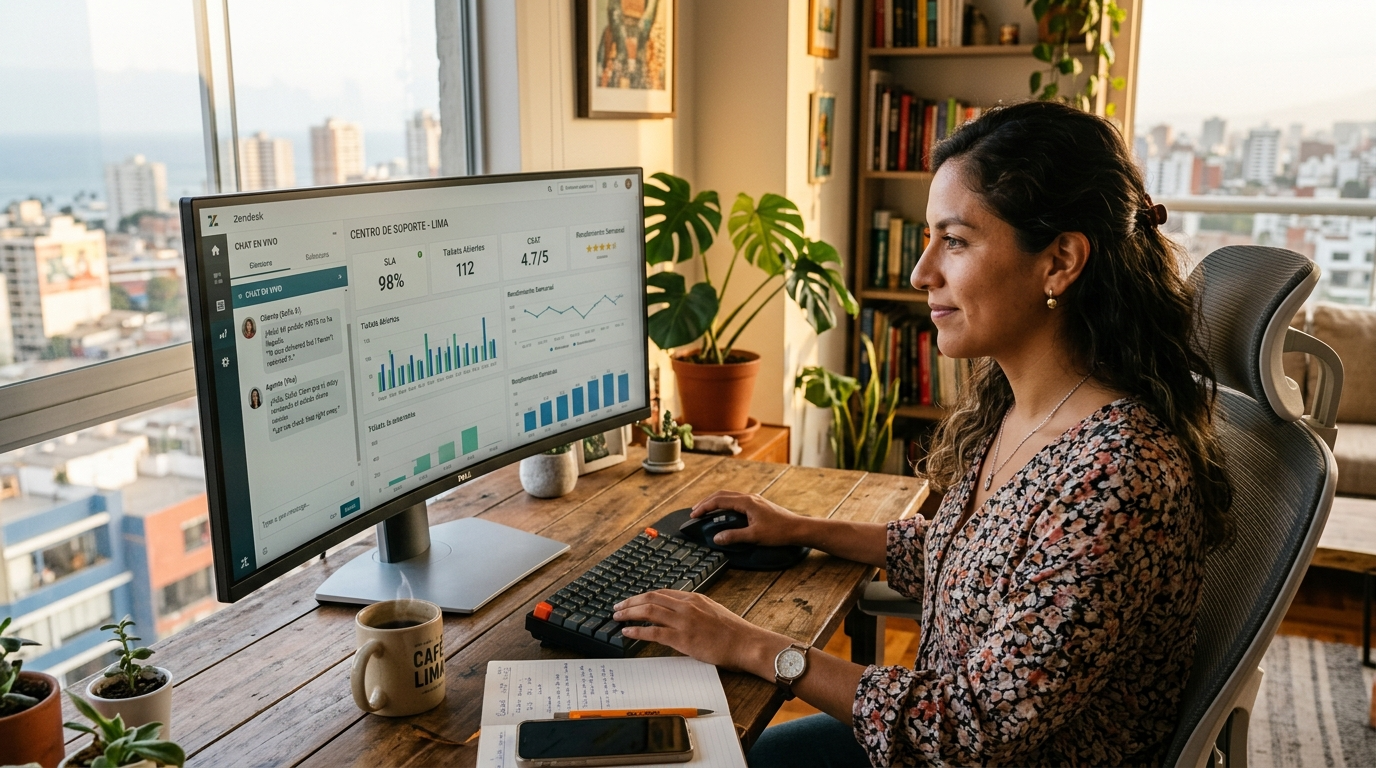Bilingual nearshore customer support specialist reviewing Spanish and English live chat tickets on a support dashboard in Latin America