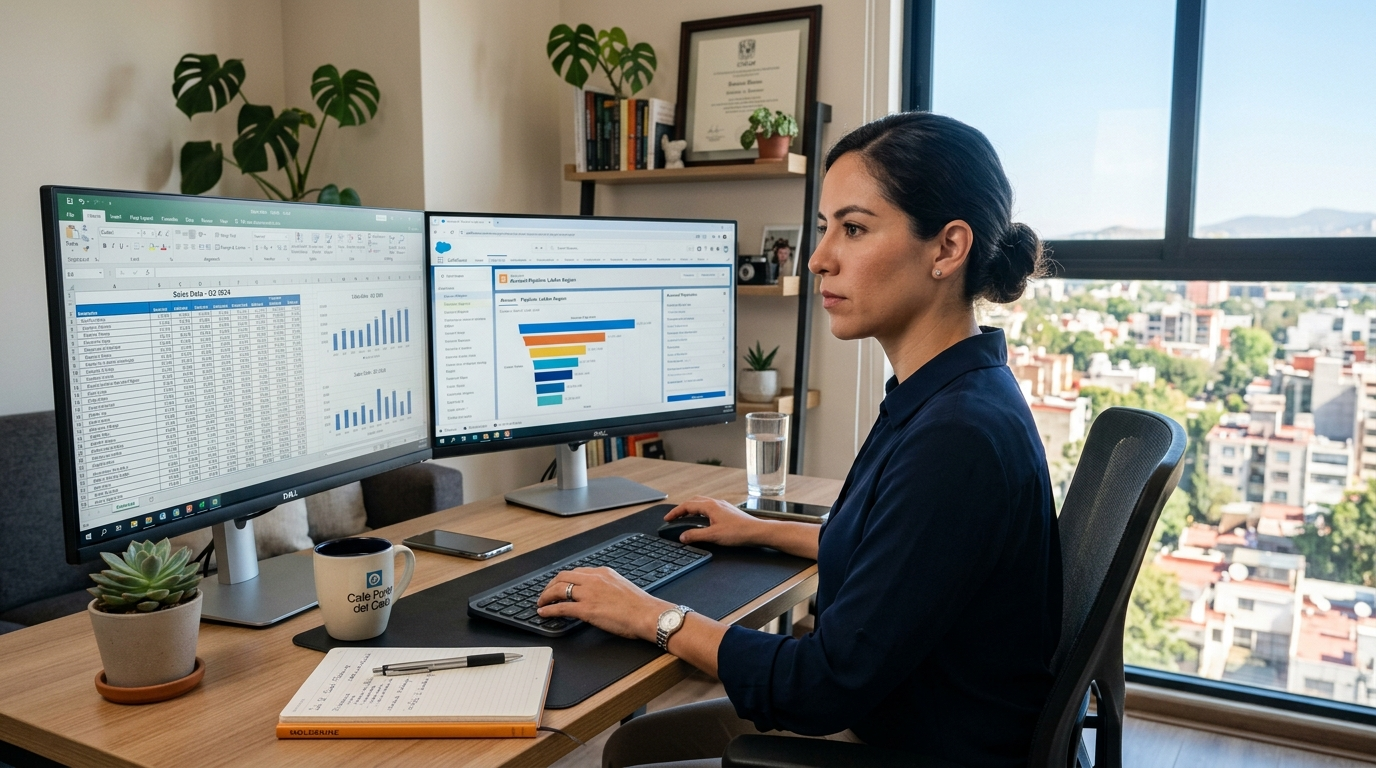 Nearshore virtual assistant in Latin America managing tasks on dual monitors during US business hours, 2026