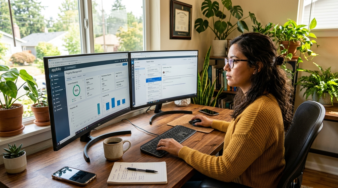 Latin American property management VA reviewing AppFolio tenant communications on dual monitors, tasks prioritized for 2026