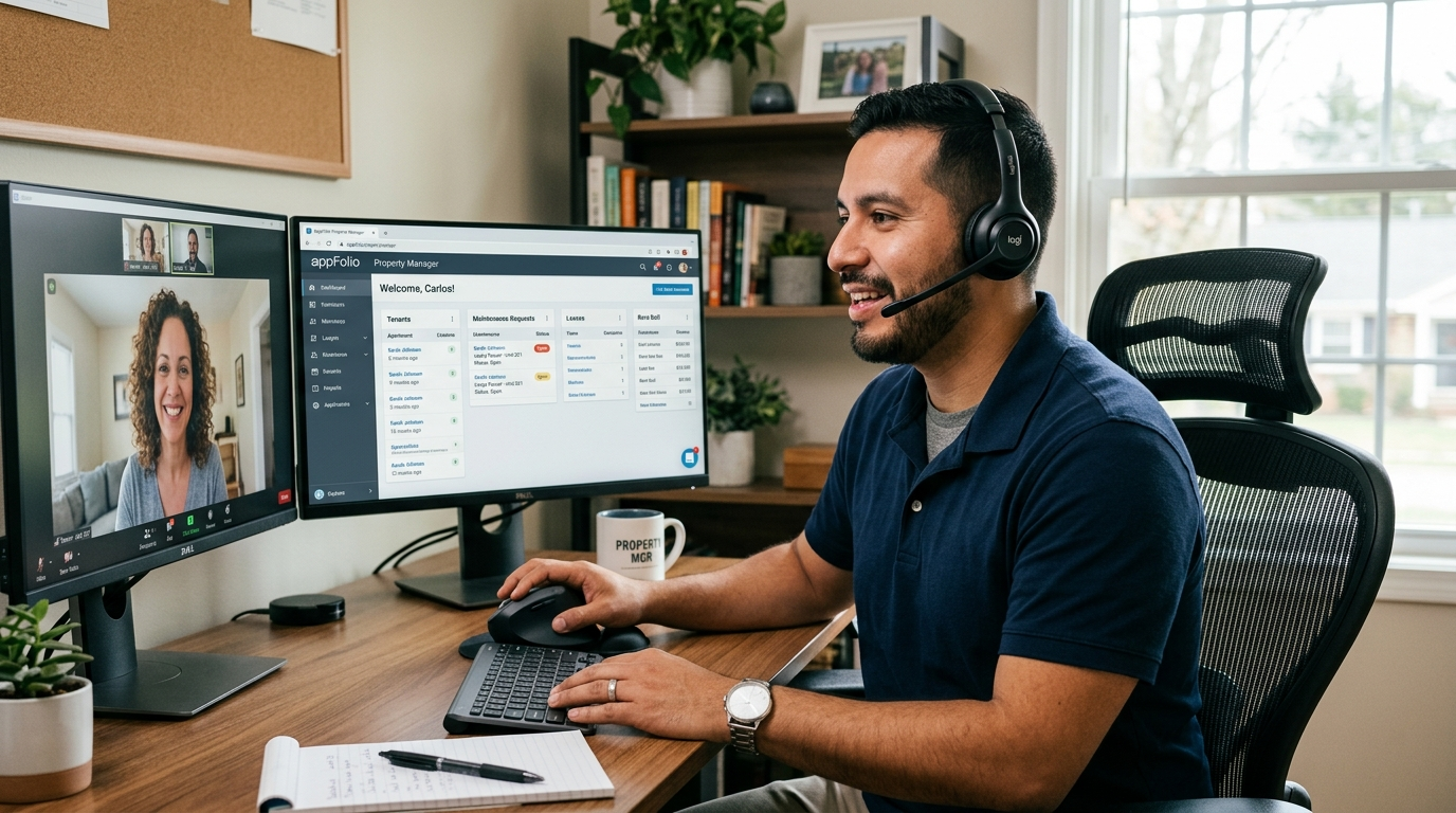 Nearshore property management VA handling tenant communication over video call with AppFolio open, first priority task in 2026