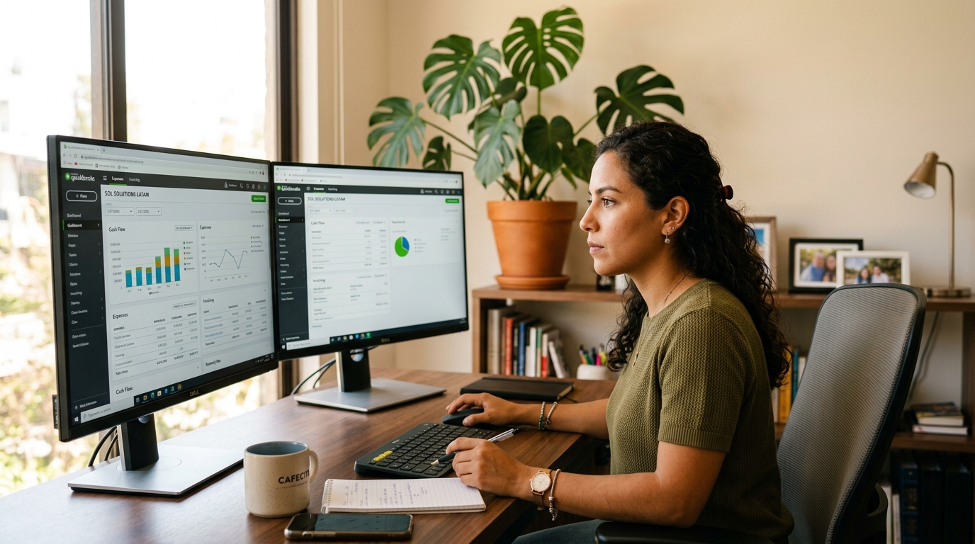 Nearshore virtual bookkeeper reviewing monthly financial statements on a QuickBooks dashboard in a Latin American home office