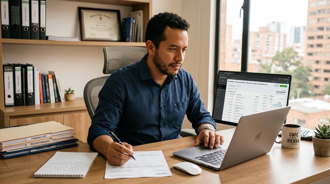 Nearshore virtual bookkeeper completing monthly bank reconciliation tasks in QuickBooks at a Latin American home office