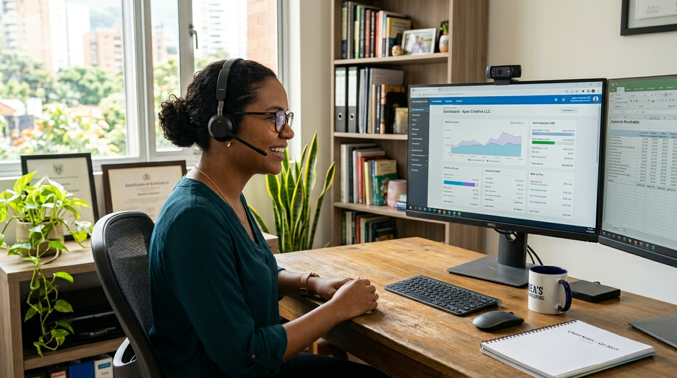 Nearshore virtual bookkeeper on a video call reviewing monthly financial statements with a US business owner via Xero dashboard