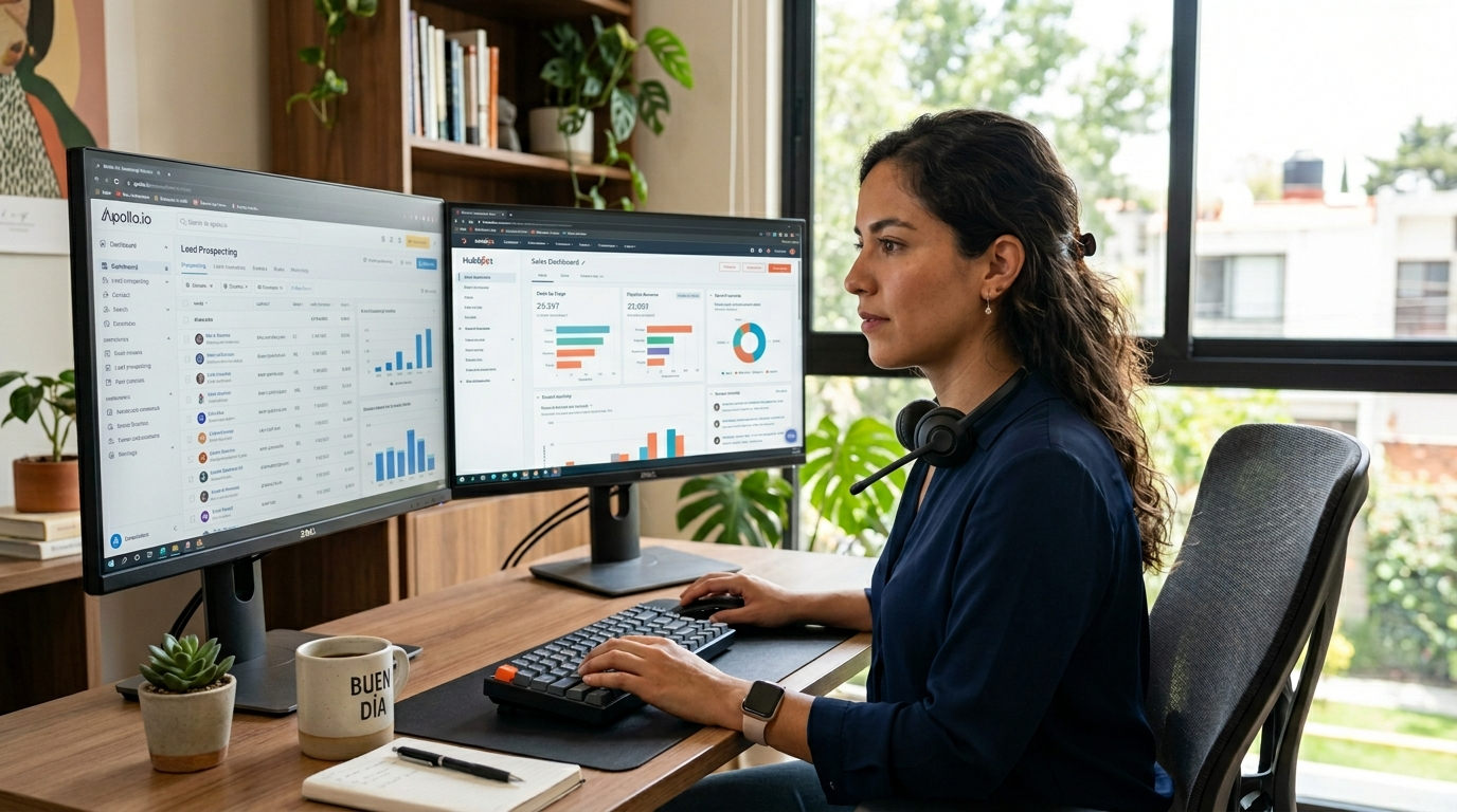 Nearshore outsourced SDR using Apollo.io and HubSpot for prospecting on dual monitors in a Latin American home office