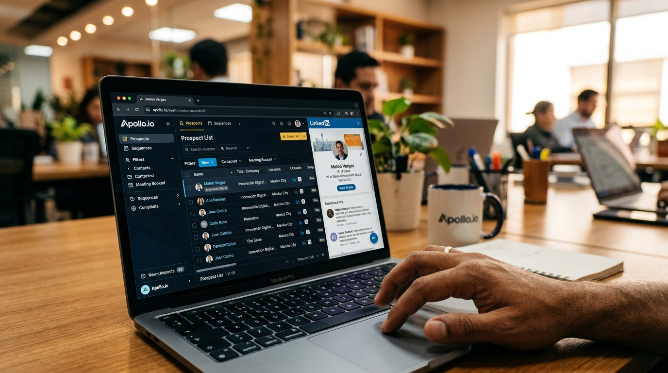 Outsourced SDR reviewing Apollo.io prospect list alongside LinkedIn profile for targeted B2B prospecting in 2026