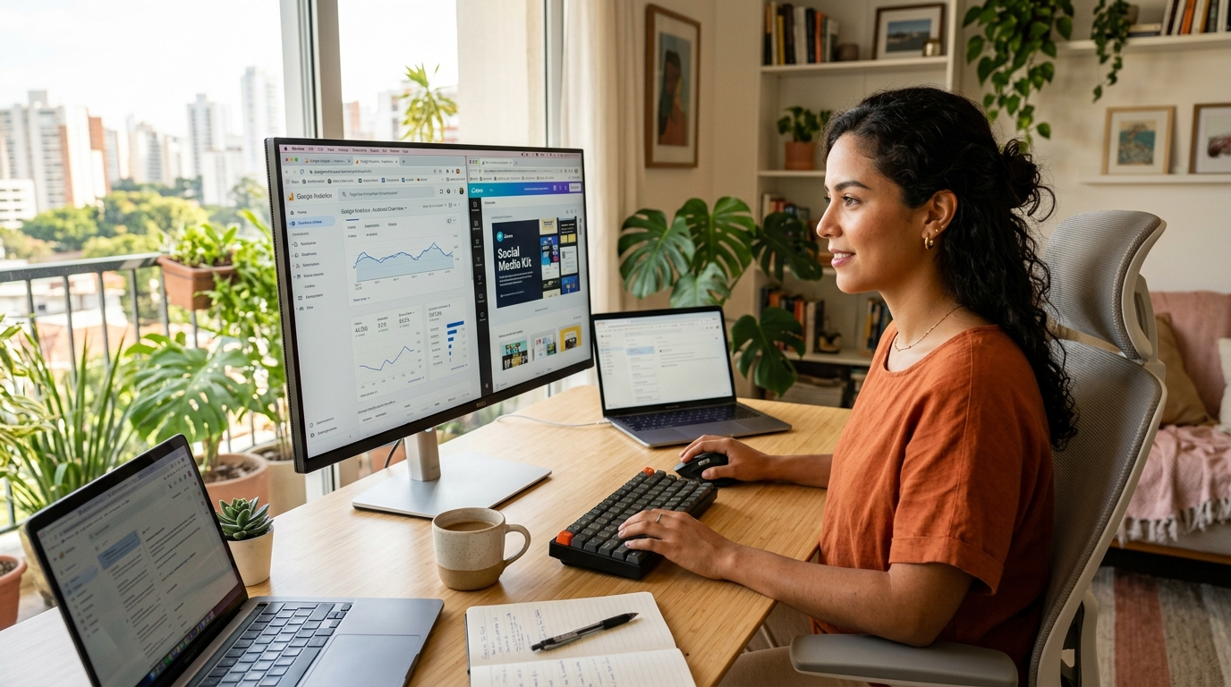 Latin American virtual marketing assistant reviewing Google Analytics and Canva dashboards on a wide monitor in a bright home office