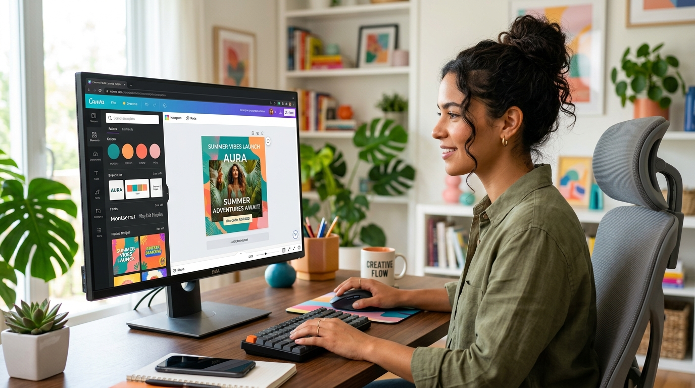 Virtual marketing assistant building branded social media templates in Canva on a wide monitor in a modern home office