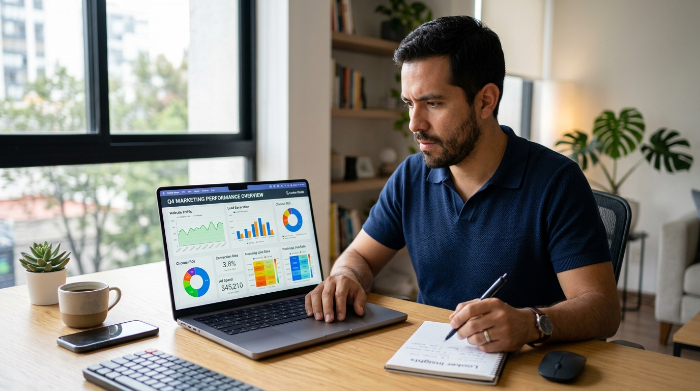 Nearshore virtual marketing assistant analyzing a Looker Studio performance dashboard showing campaign metrics and conversion data