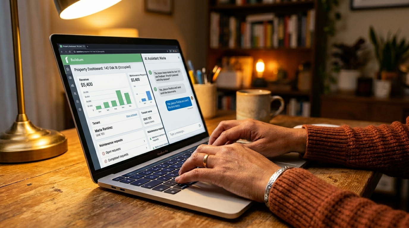 Property management VA using AI copilot alongside Buildium dashboard during maintenance coordination training