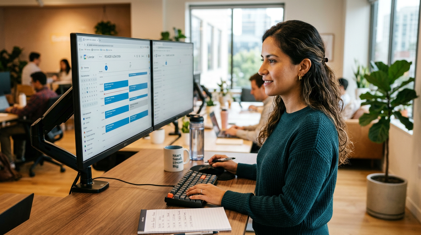 Latin American virtual chief of staff reviewing a founder's calendar on dual monitors, nearshore executive support setup, 2026