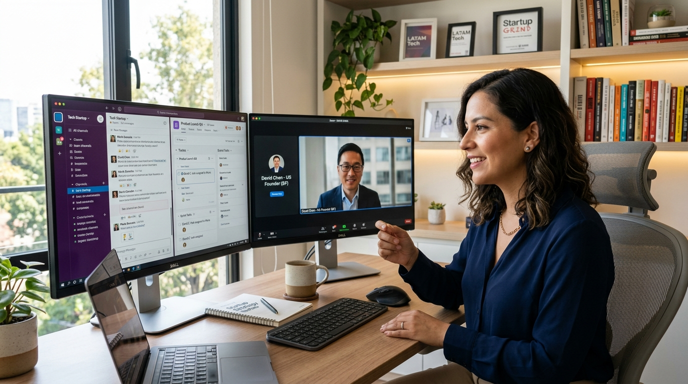 Nearshore virtual chief of staff on a video call with a US founder, managing Slack and Asana project coordination, 2026