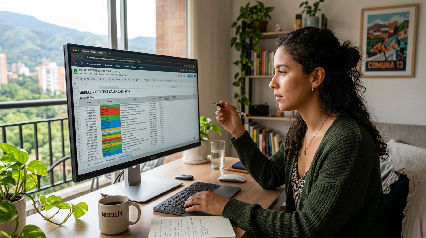 Virtual content marketer in Latin America reviewing a content calendar on dual monitors, nearshore marketing team workflow 2026