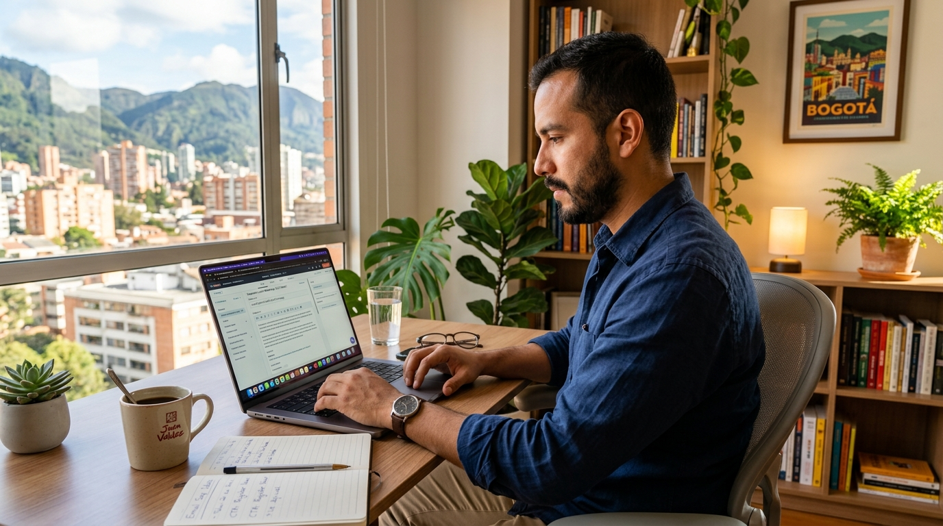 Nearshore virtual content marketer writing an email marketing sequence in HubSpot, Latin America home office setup 2026