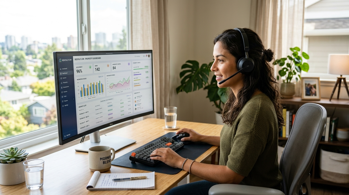 Latin American nearshore virtual assistant reviewing property management software dashboard, headset on, bright home office setting