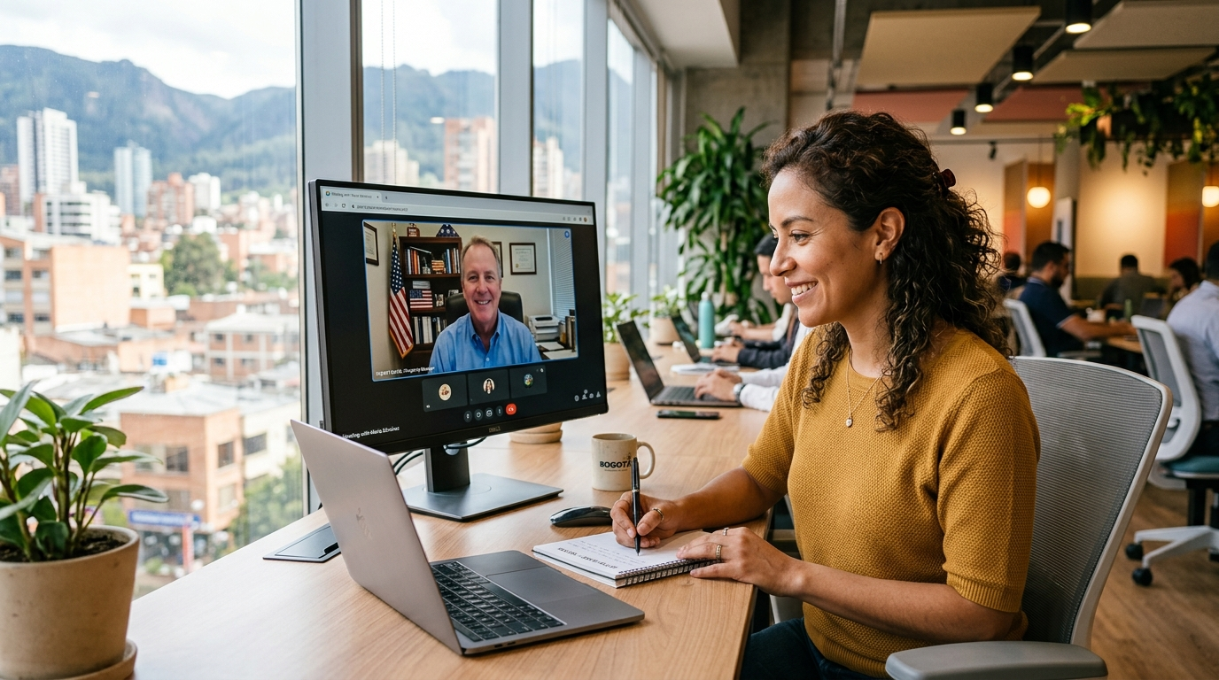 Nearshore virtual assistant in Latin America on a live video call with a US property manager, coworking space environment